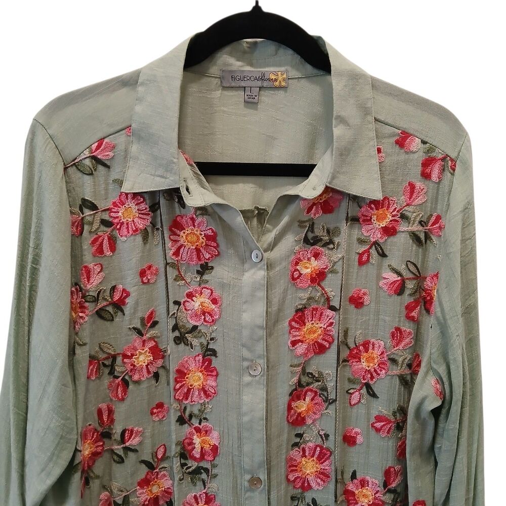 Figueroa & Flower Tunic Blouse Shirt Large Green Floral Embroidered Button Boho - Picture 4 of 14